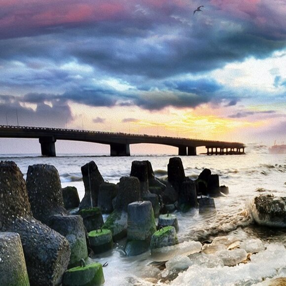 Bear Fishing Ocean Sky Landscape Fantasy Composite Oil Painting Wall Art Print - Picture 3 of 8